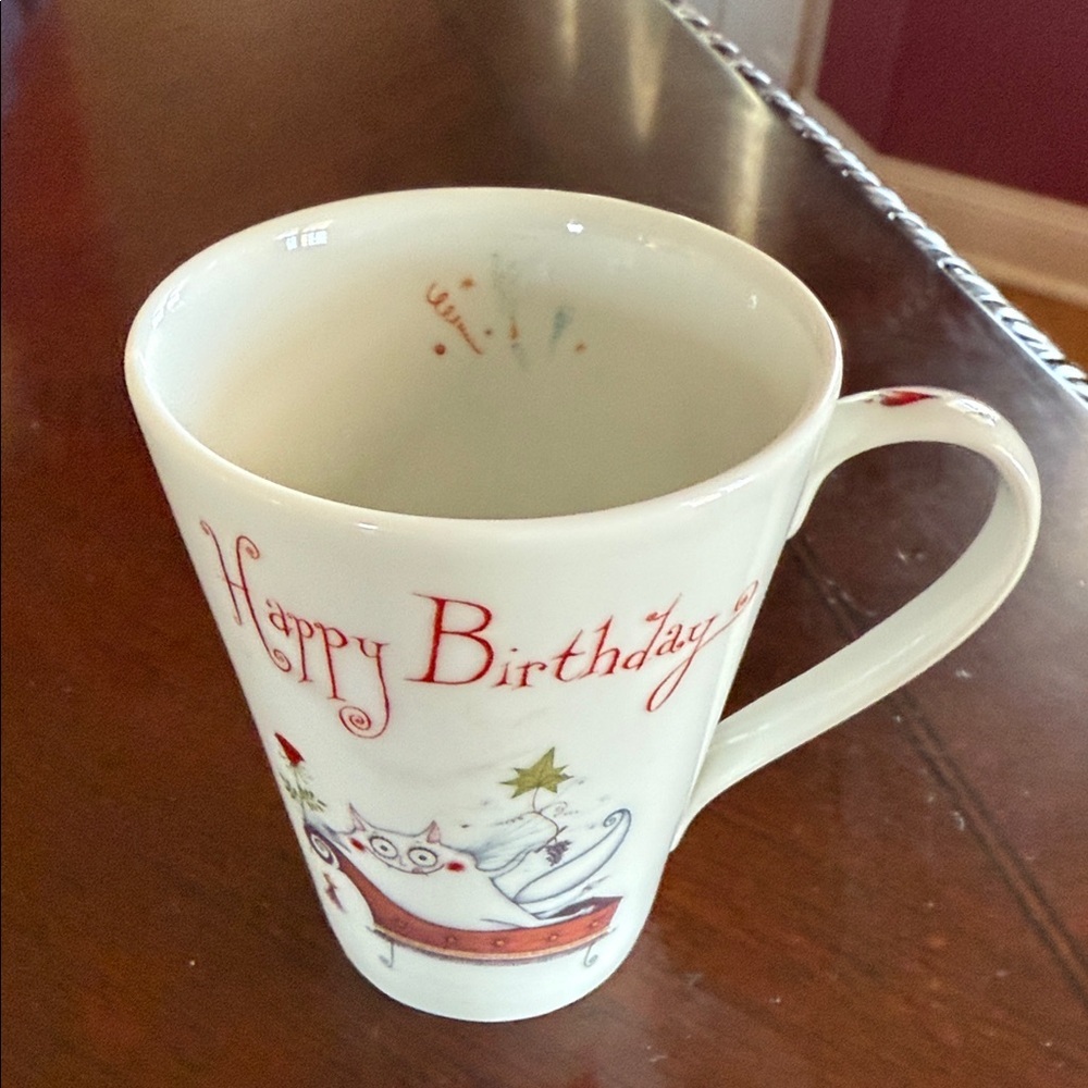 Royal Worcester Red and White Happy Birthday Cat Mug Claire Mackey